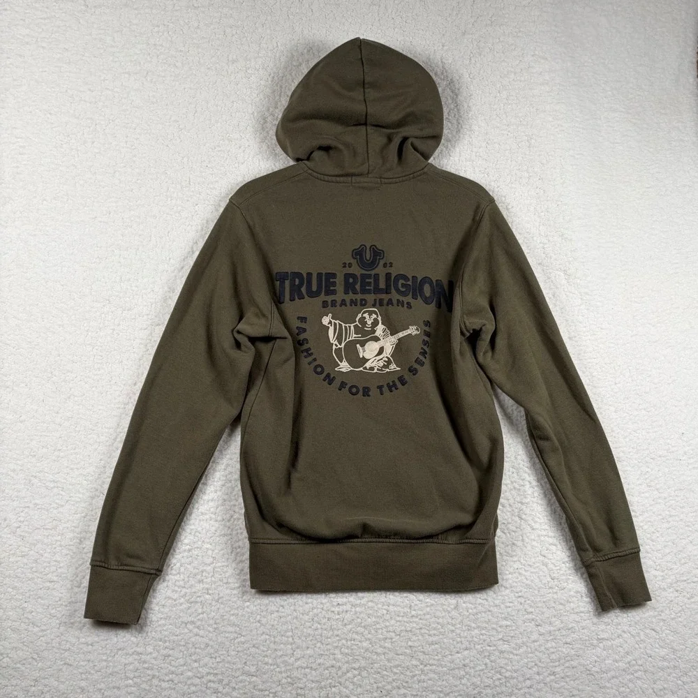 True Religion Mens Olive Green Buddha Logo Zip Up Hoodie Sweatshirt Small